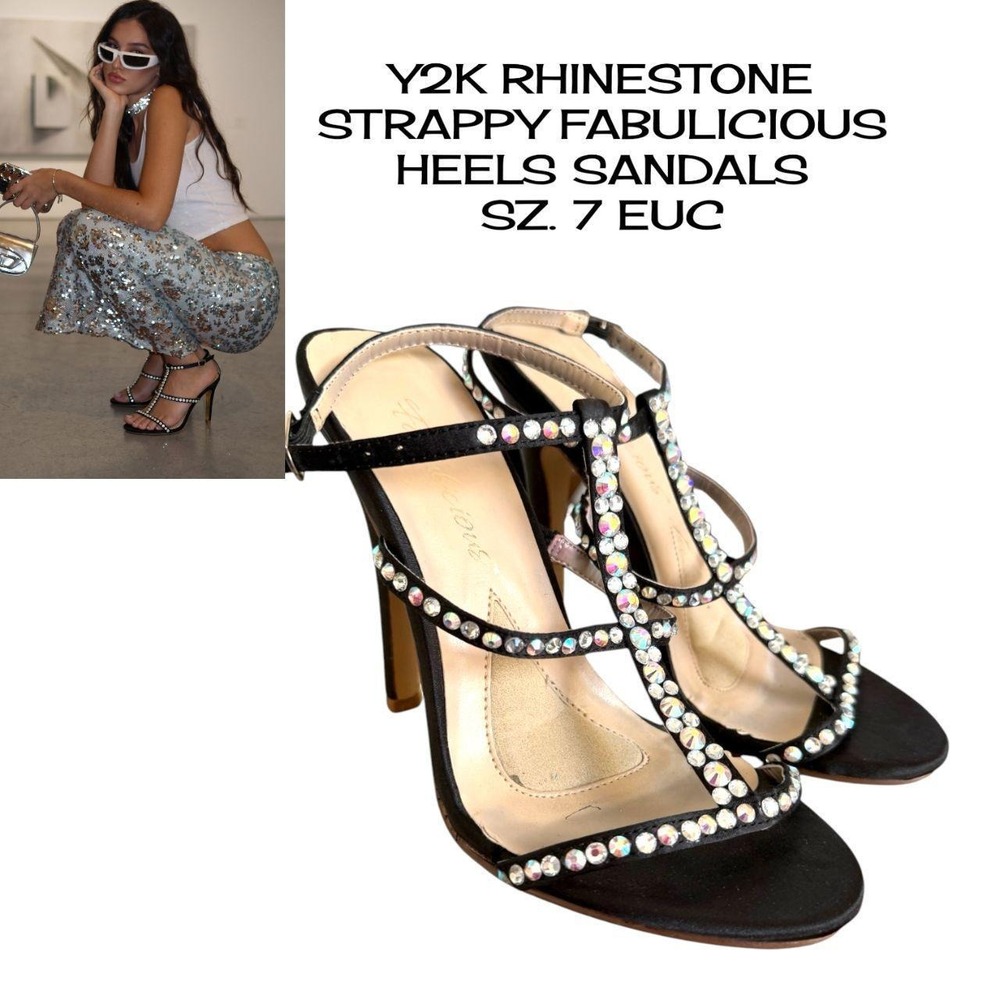 Y2K Fabulicious Black Satin Rhinestone Encrusted Strappy T Strap High Heels Sz 7